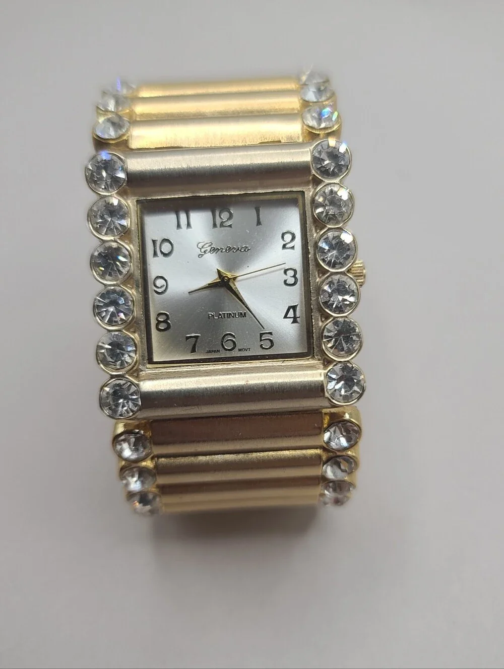 Geneva Gold Tone Rhinestone Cuff Bracelet Watch